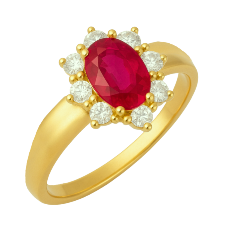 Anel Ouro 18K Oval Zircônia Vermelha