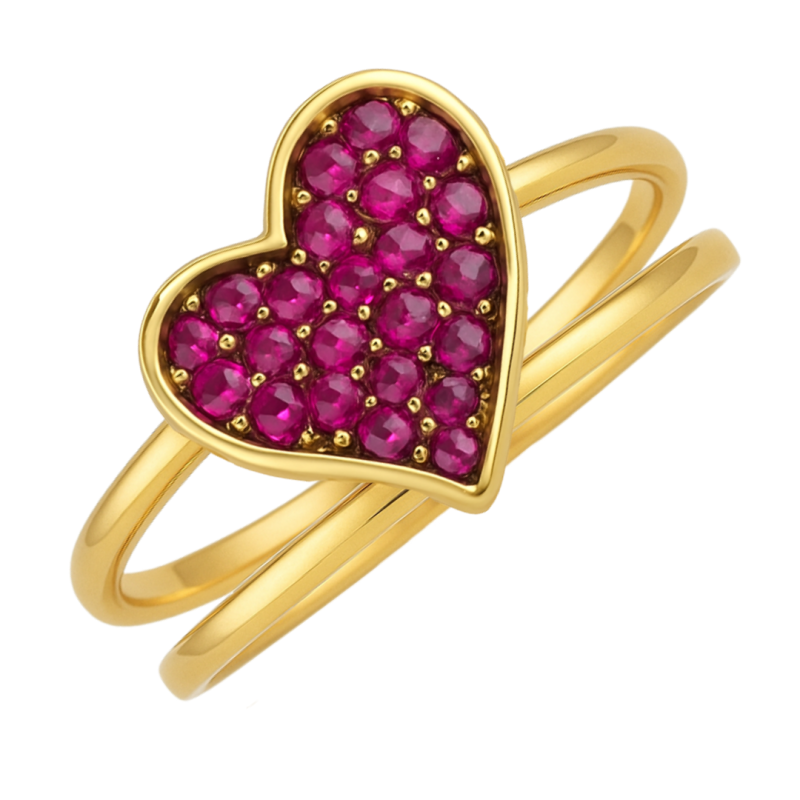 Anel Ouro 18K Falange Coração Cravejado Com Rubis