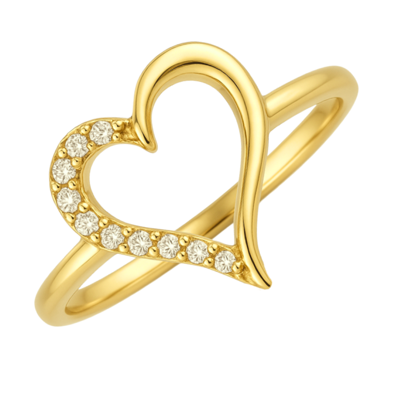 Anel Ouro 18K Coração Com Zircônia Branca Na Metade