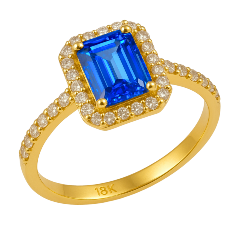 Anel Ouro 18K Com Zirconias Azul e Brancas
