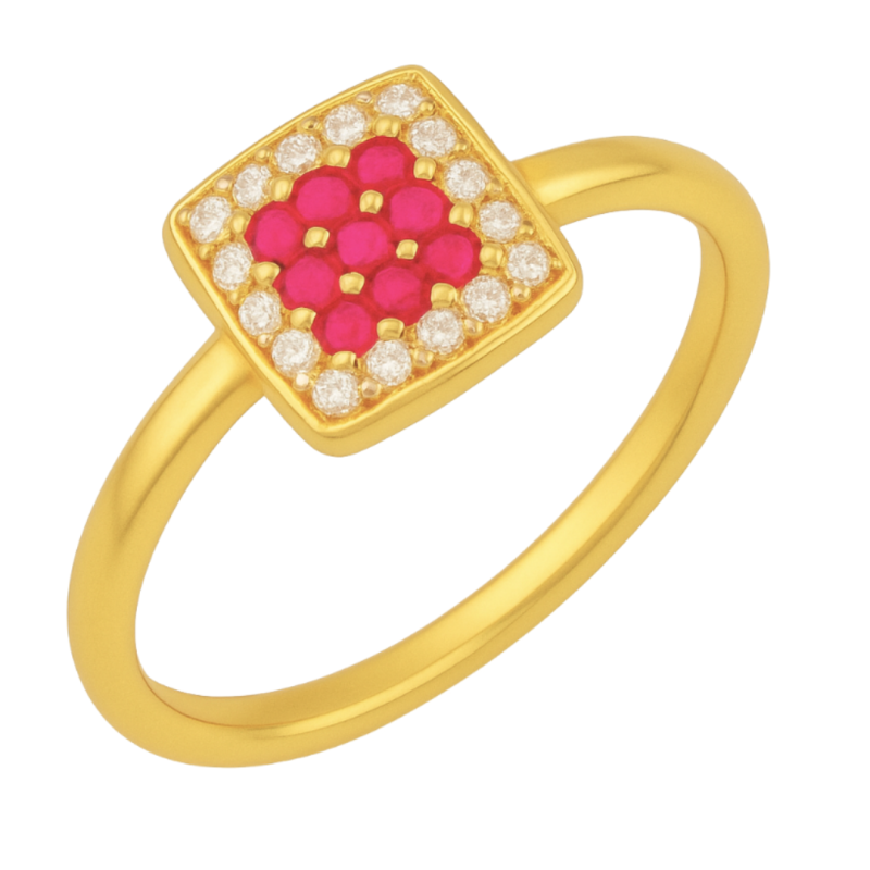 Anel Ouro 18K Quadrado Com Zircônia Vermelha