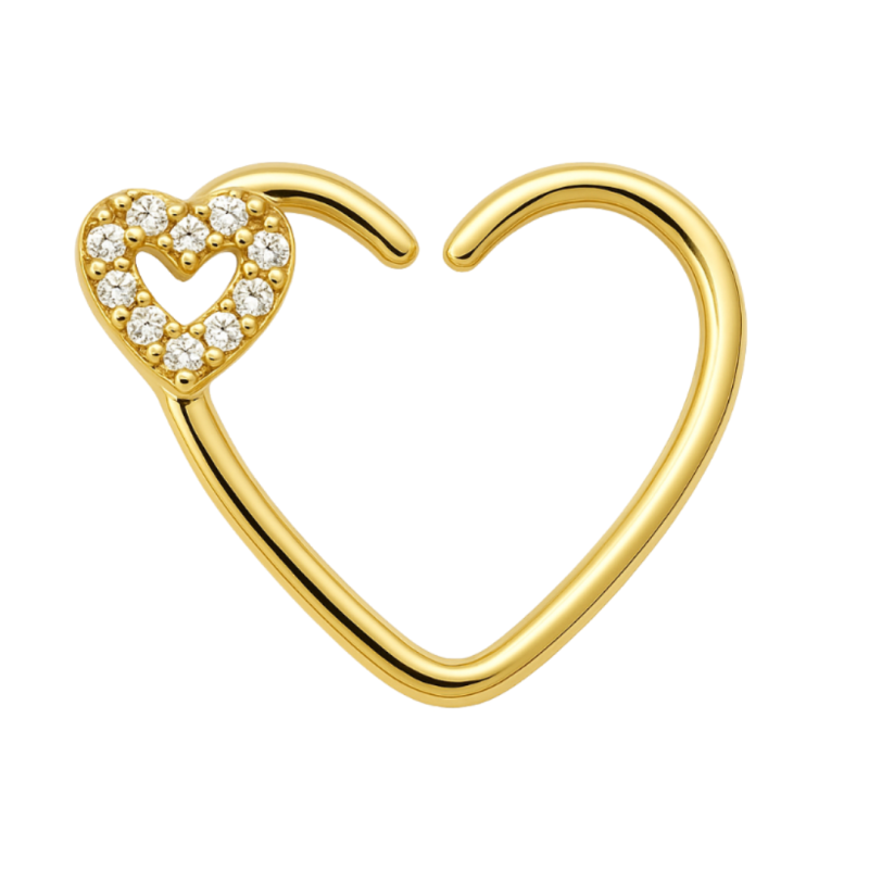 Piercing Ouro 18K Coração Médio Vazado E Mini Zircônia