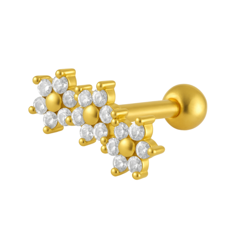 Piercing Ouro 18K 3 Flores Cravejada Com Zircônia Pequeno