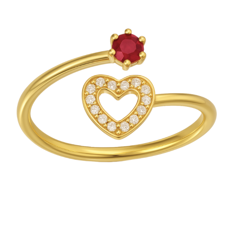 Anel Ouro 18K Coração Com Brilhantes Rubi Ou Safira (Tamanho Único)