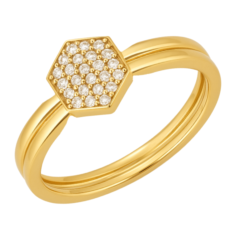 Anel Ouro 18K Chuveiro Hexágono Aro Mais Fino Com Zircônia Branca