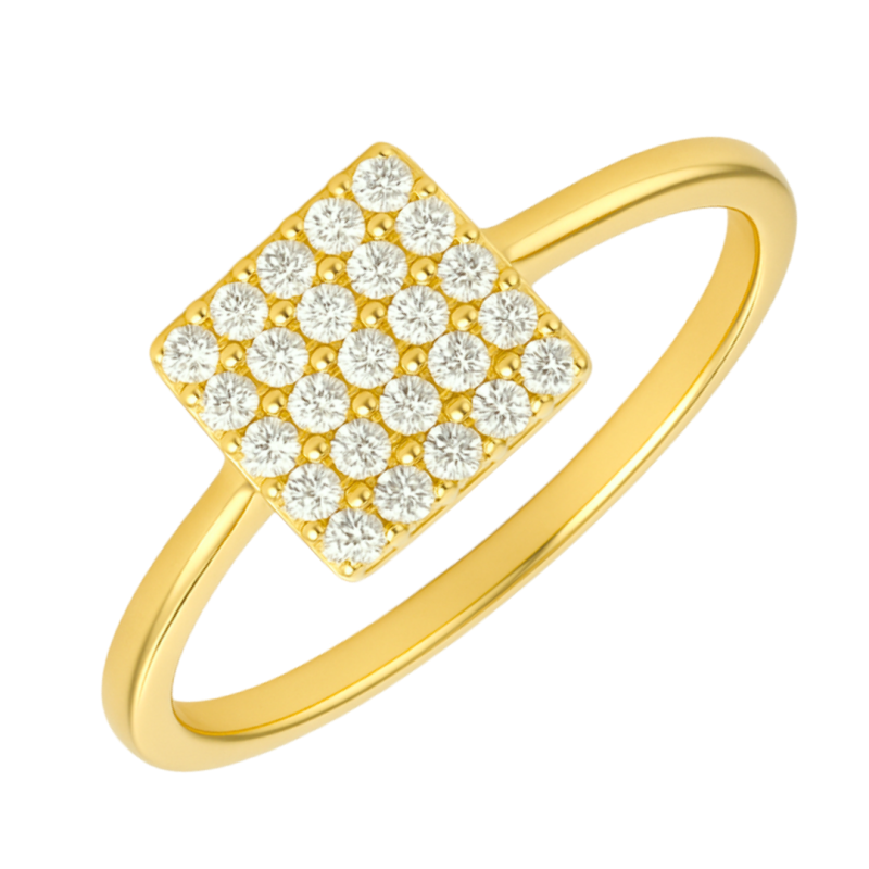 Anel Ouro 18K Chuveiro Quadrado Caixa Alta Cravejado Zircônia Branca