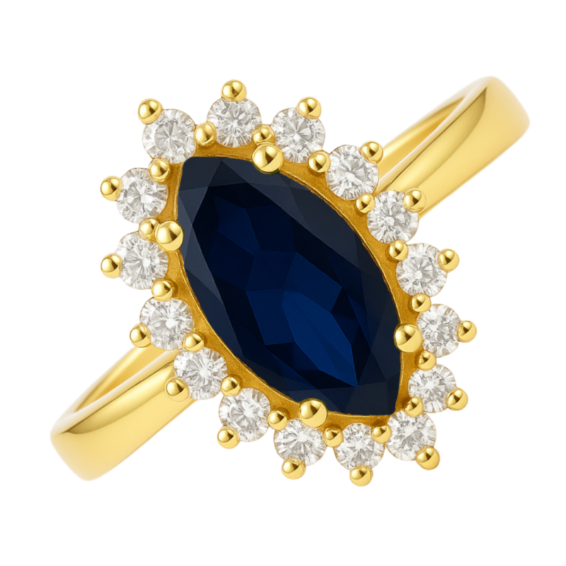Anel Ouro 18K Oval Pedra Com Zircônia Branca E Azul