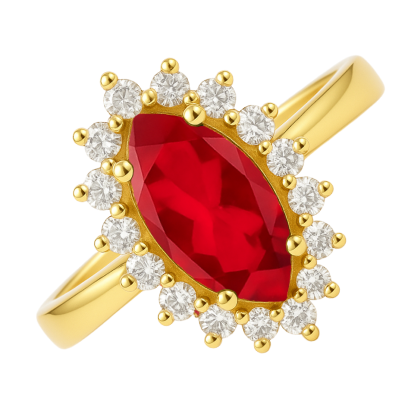 Anel Ouro 18K Oval Pedra Com Zircônia Branca E Vermelha