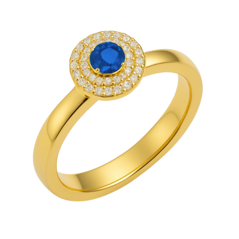 Anel Ouro 18K Redondo Com Zircônia Azul E Branca