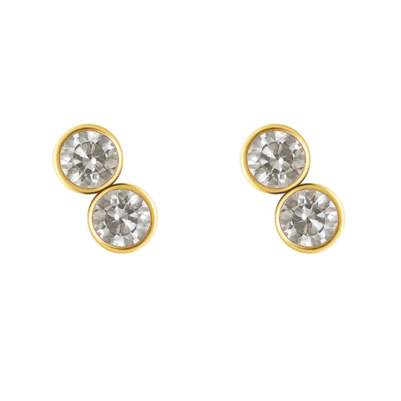 Brinco Ouro 18K Duas Zircônias Redondas Brancas