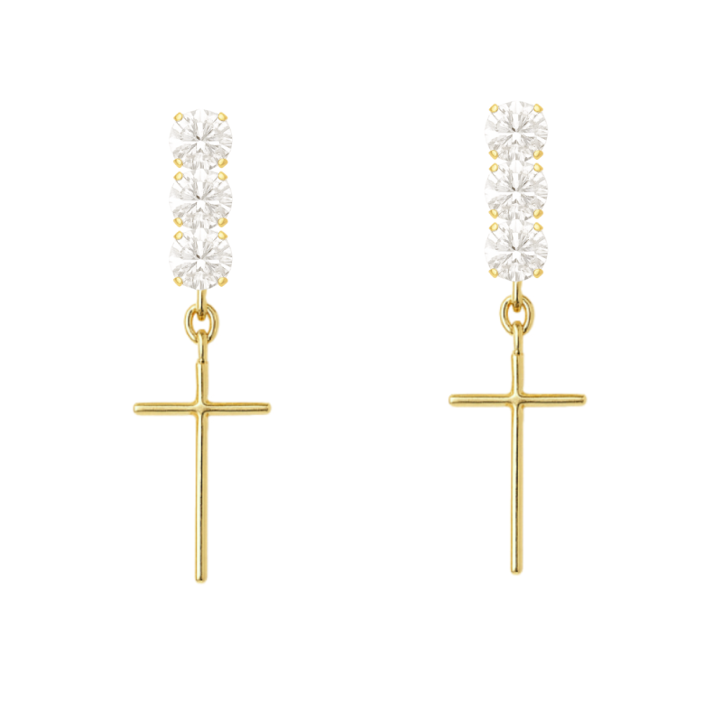 Brinco Ouro 18K Base Zircônia Branca Com Cruz Pendurada