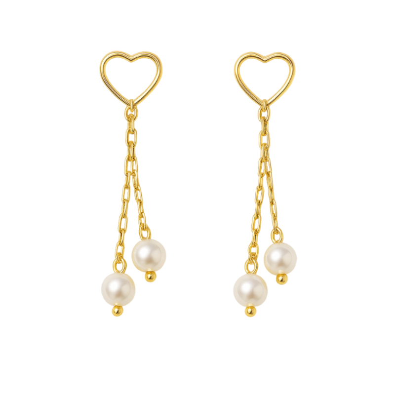 Brinco Ouro 18K Coração Com Pérola Pendurado