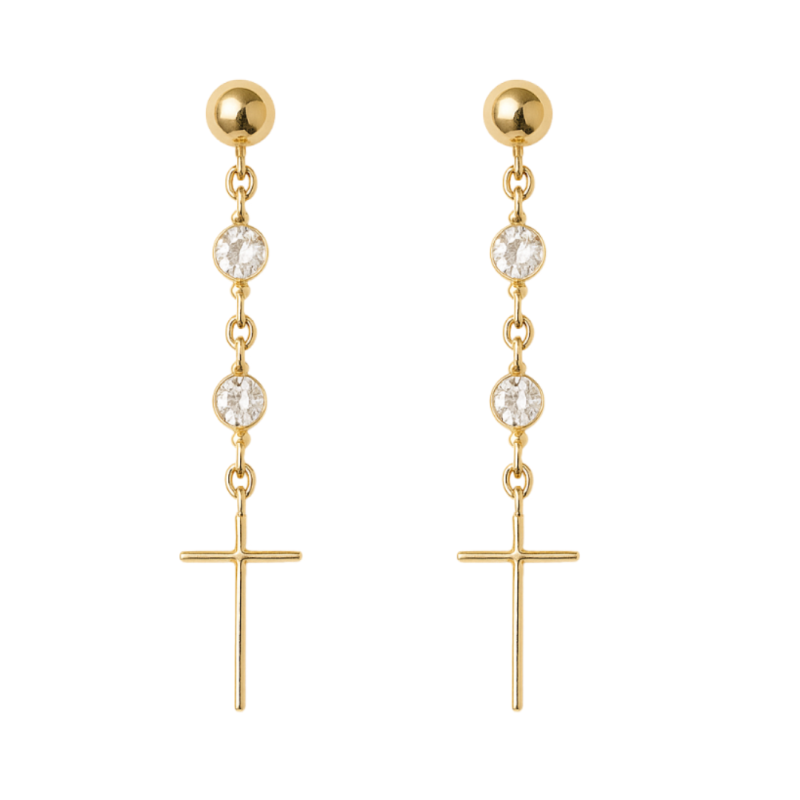 Brinco Ouro 18K Pendurado Com Zircônia e Cruz