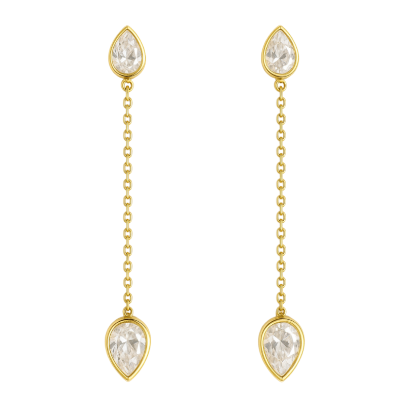 Brinco Ouro 18K 2 Furos Gota Com Zircônia Com Elo