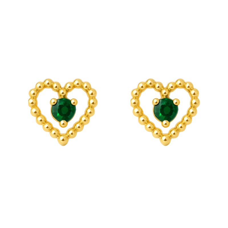 Brinco Ouro 18K Coração Com Zircônia Verde