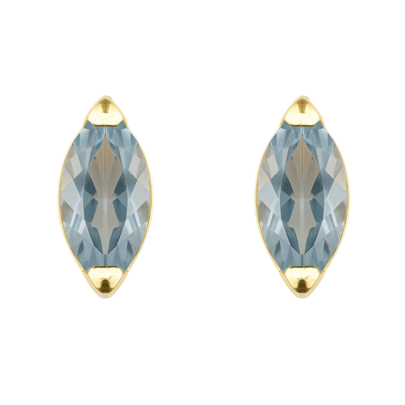 Brinco Ouro 18K Com Zircônia Navete Azul Clara Com Moldura