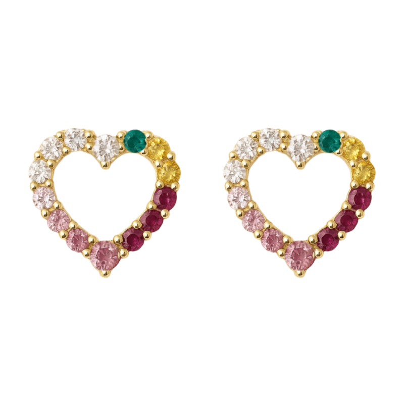 Brinco Ouro 18K Coração Com Zircônia Colorida