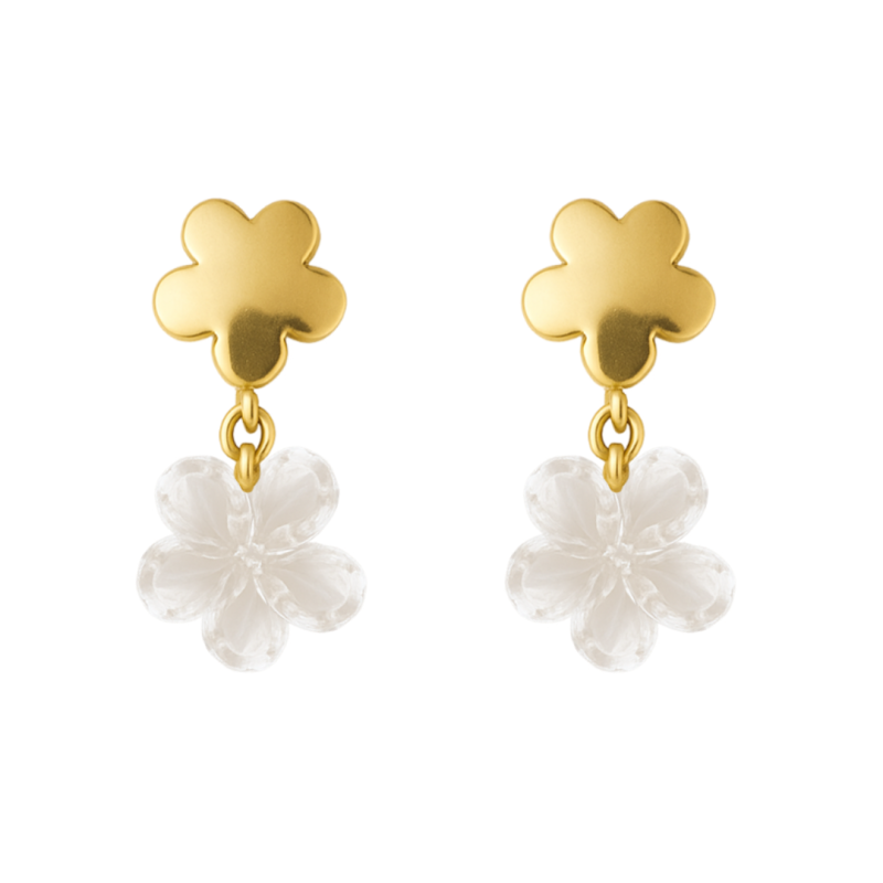 Brinco Ouro 18K Flor Com Flor Zircônia Branca Pequena Pendurada
