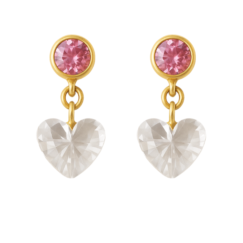 Brinco Ouro 18K Bola Zircônia Rosa com Coração Zircônia Branca Pendurado