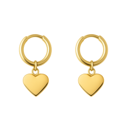Brinco Ouro 18K Base lisa Com Coração Pendurado