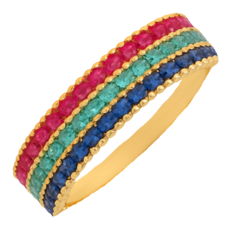 Anel Ouro 18K Três Fileiras Zircônia Colorida Com Pedra