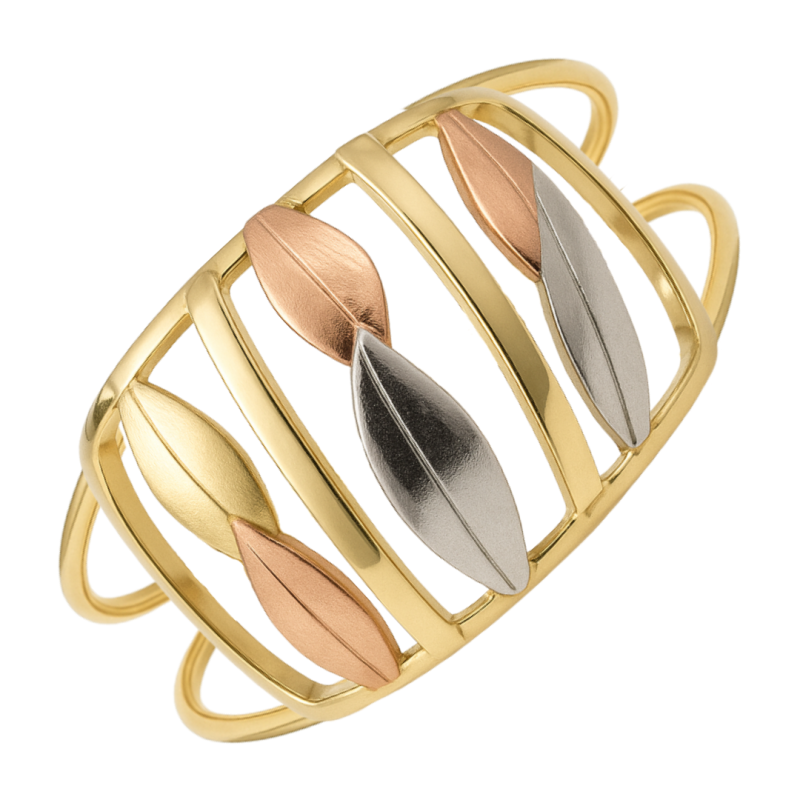 Anel Ouro 18K Tricolor Com Folhas Com Metade Lisa
