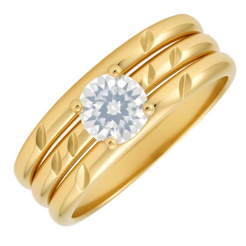 Anel Ouro 18K Três Aros Bambu Com Zircônia Central