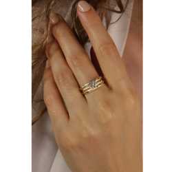 Anel Ouro 18K Três Aros Bambu Com Zircônia Central