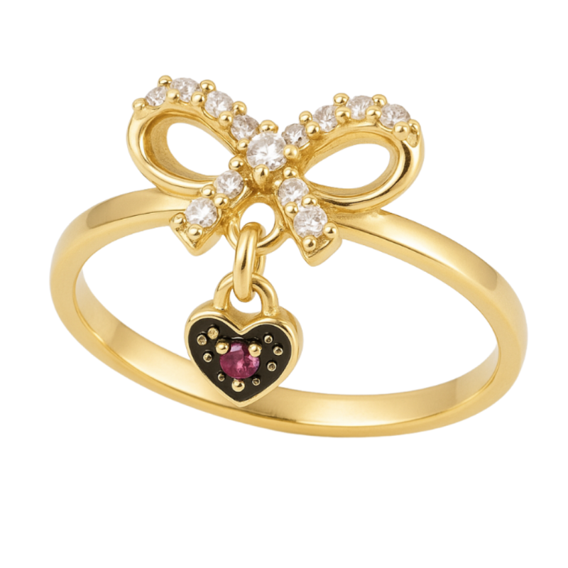 Anel Ouro 18K Falange Laço Com Brilhantes e Rubis