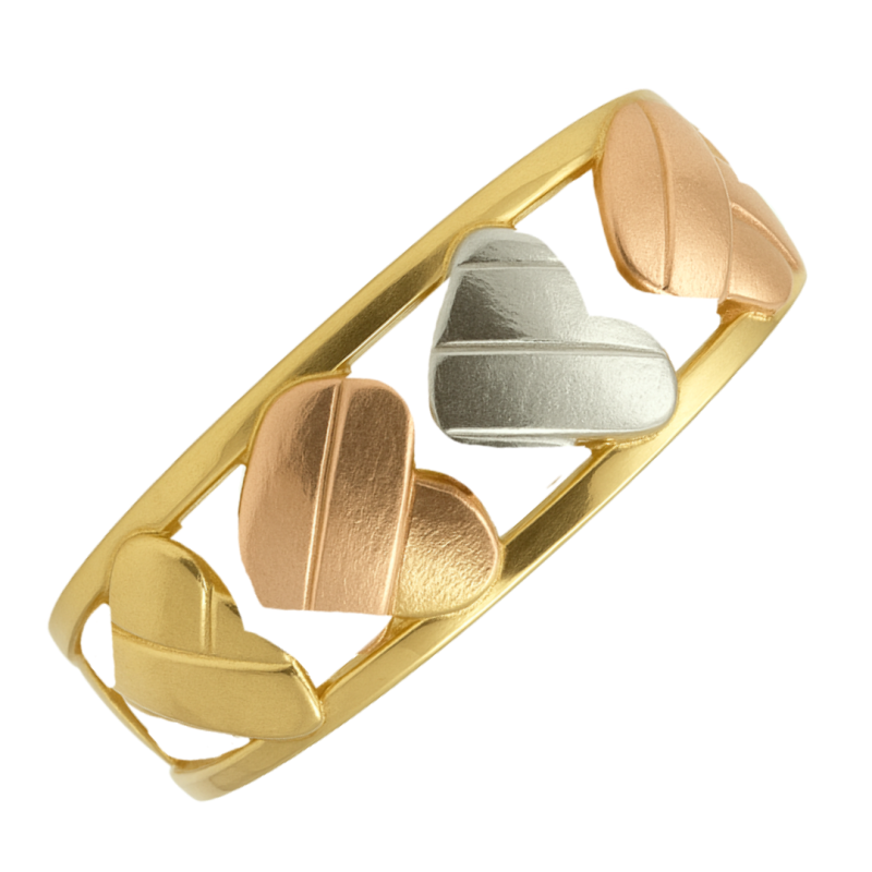 Anel Ouro 18K Tricolor Corações Aro Duplo