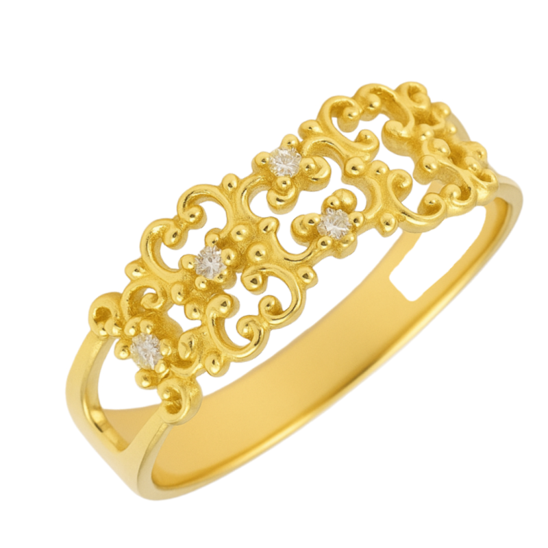 Anel Ouro 18K Renda Trabalhada Com Zircônia
