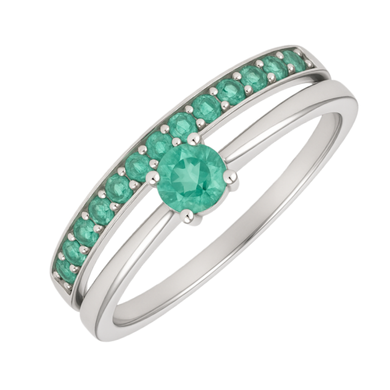 Anel Ouro 18K Branco Esmeralda Central E Lateral