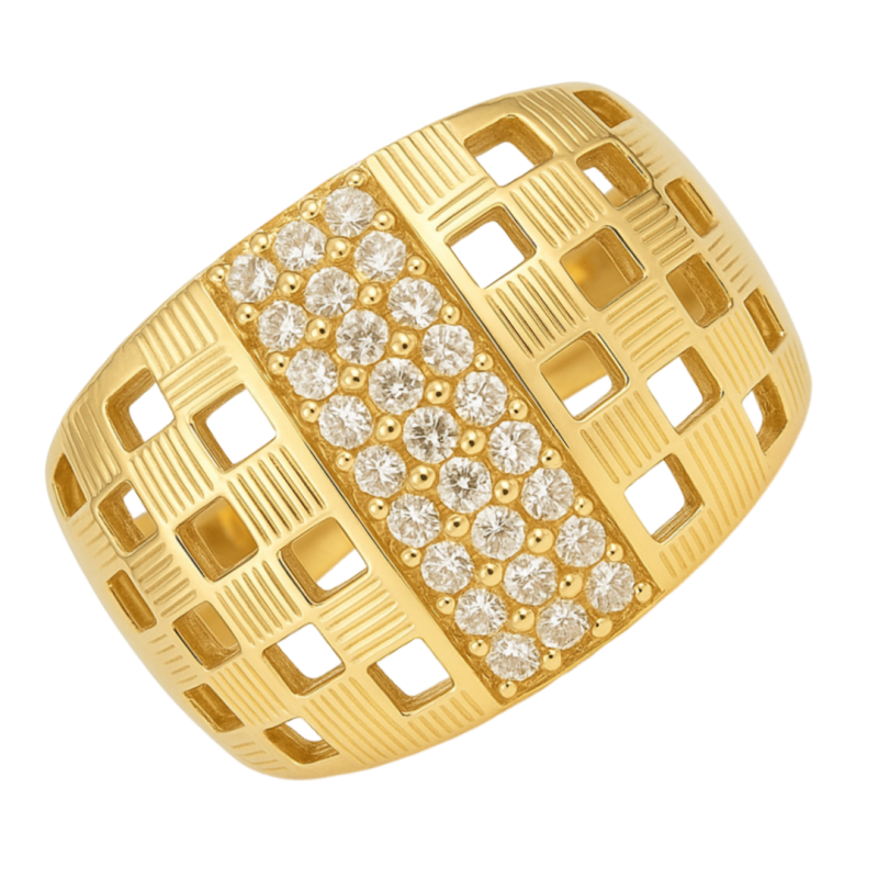 Anel Ouro 18K Quadriculado Com Faixas De Pedra