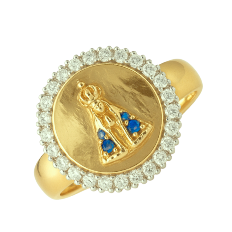 Anel Ouro 18K Nossa Senhora Com Zircônia