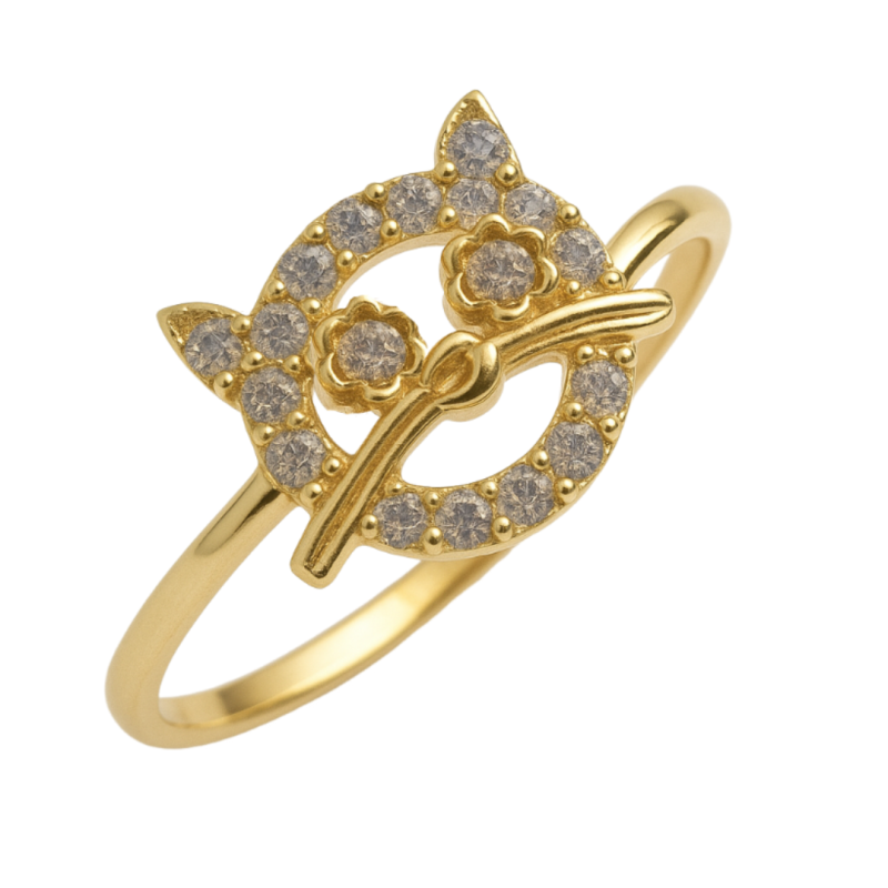 Anel Ouro 18K Gato Com Zirconia