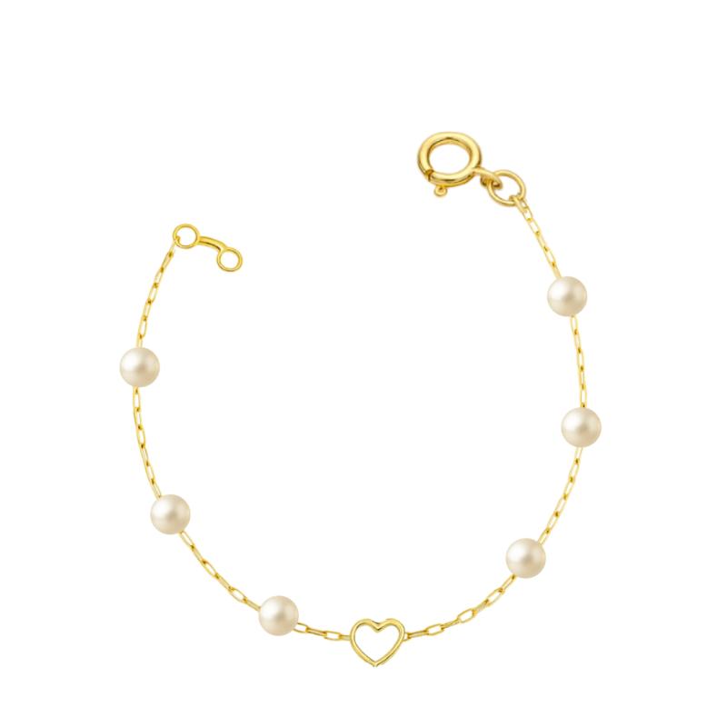 Pulseira Ouro 18K Infantil Mini Coração Vazado Com Pérolas