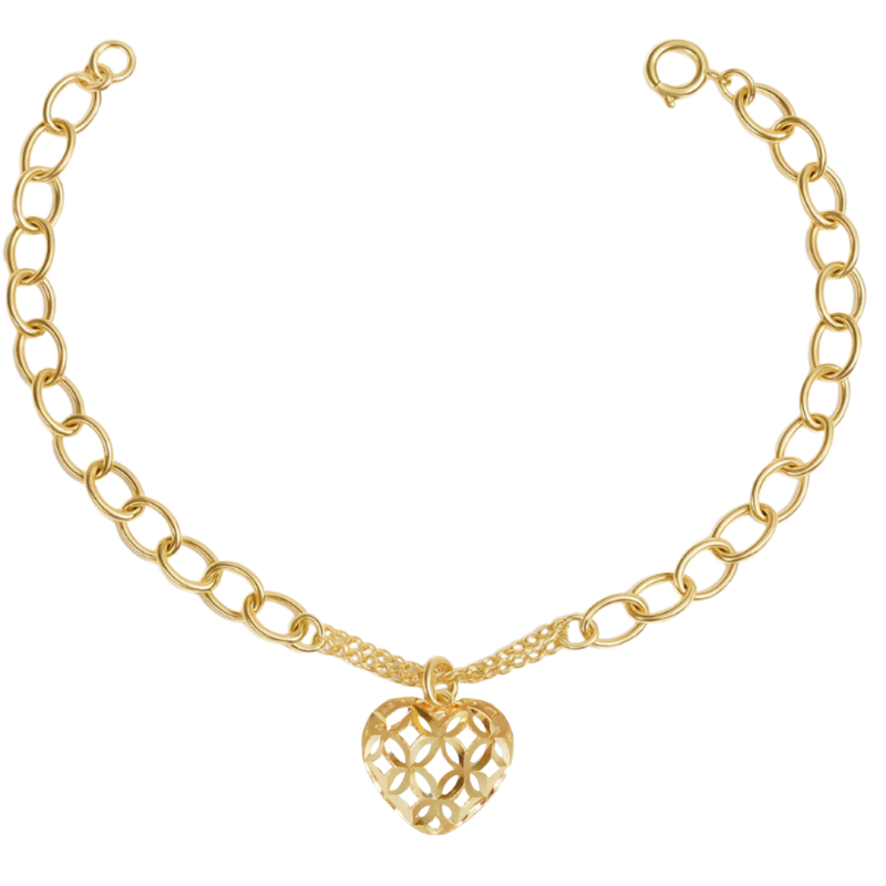 Pulseira Ouro 18K Elo Portugues Com Coraçao