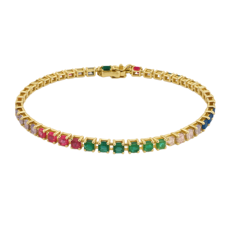 Pulseira Ouro 18K Tennis Riviera Zircônia Colorida 3mm