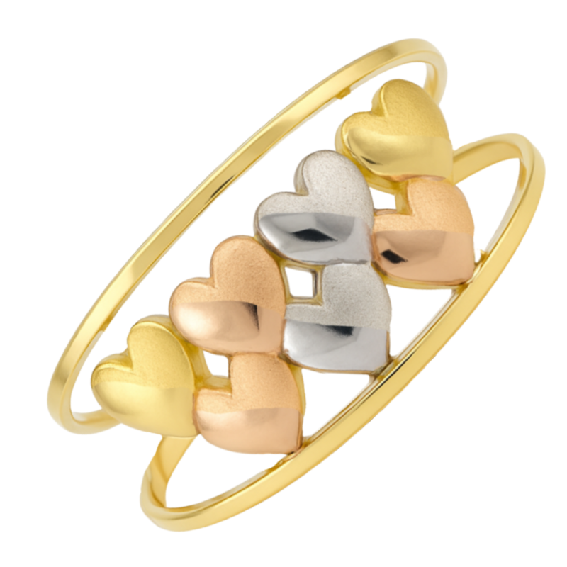 Anel Ouro 18K Tricolor Dois Aro Com Fileiras De Cinco Corações