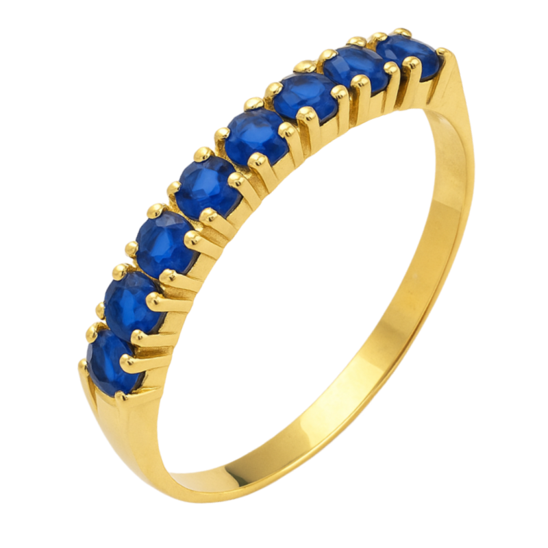Anel Ouro 18K Meia Aliança Chanfrado Pedra Safira