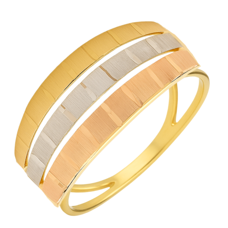 Anel Ouro 18K Tricolor Três Tirinhas Com Quadrado