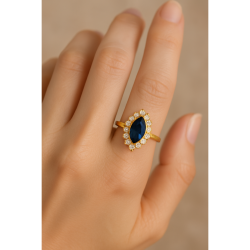 Anel Ouro 18K Oval Pedra Com Zircônia Branca E Azul