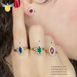 Anel Ouro 18K Oval Pedra Com Zircônia Branca E Vermelha