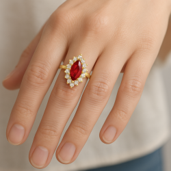 Anel Ouro 18K Oval Pedra Com Zircônia Branca E Vermelha