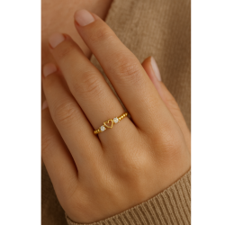 Anel Ouro 18K Mini Bolinhas Coração Com Pedra