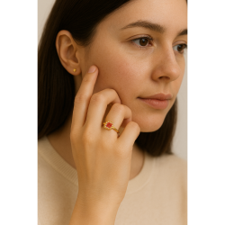 Anel Ouro 18K Quadrado Com Zircônia Vermelha