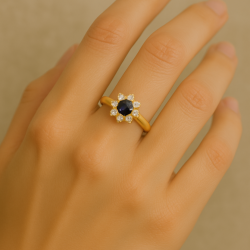 Anel Ouro 18K Flor Safira Com 8 Brilhantes