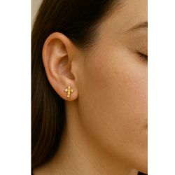 Brinco Ouro 18K Cruz Pequena Com Zircônia Branca