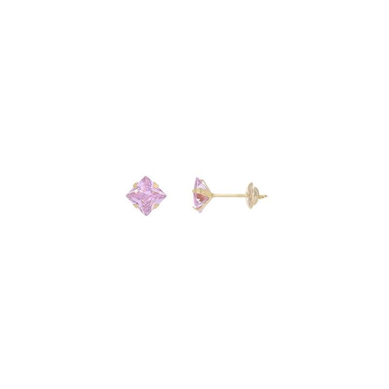 Brinco Ouro 18K Com Zircônia Quadrada Rosa Clara 5mm