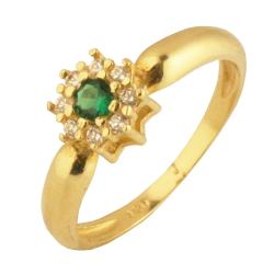 Anel Ouro 18K Flor Com Zircônia Verde No Meio